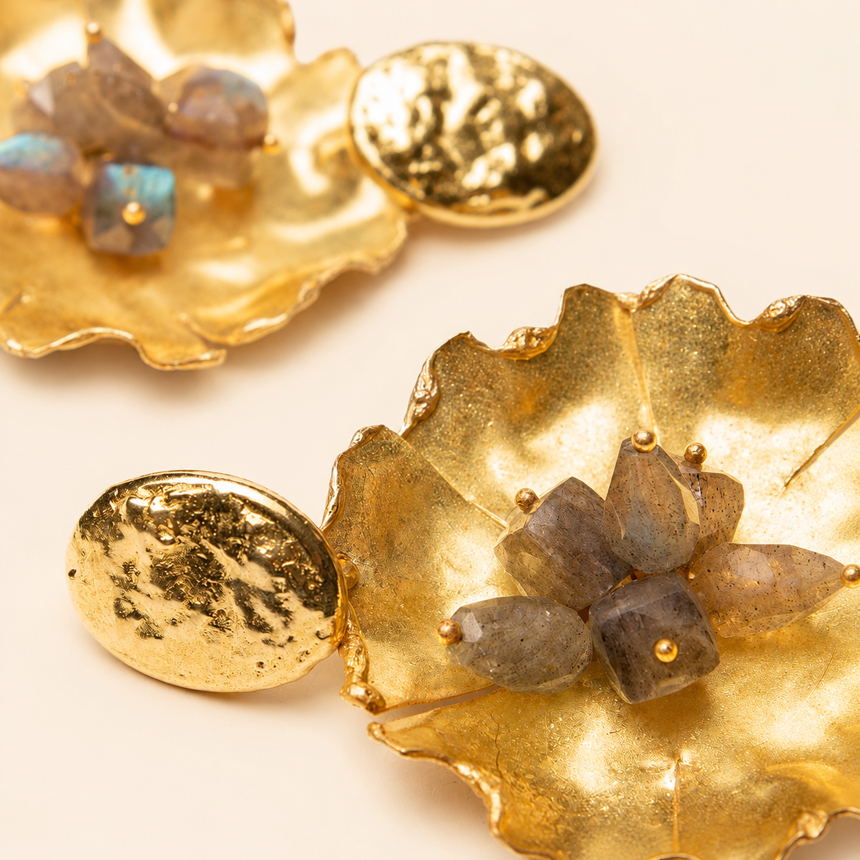 Brass Pepita Earrings with Flower and Labradorites
