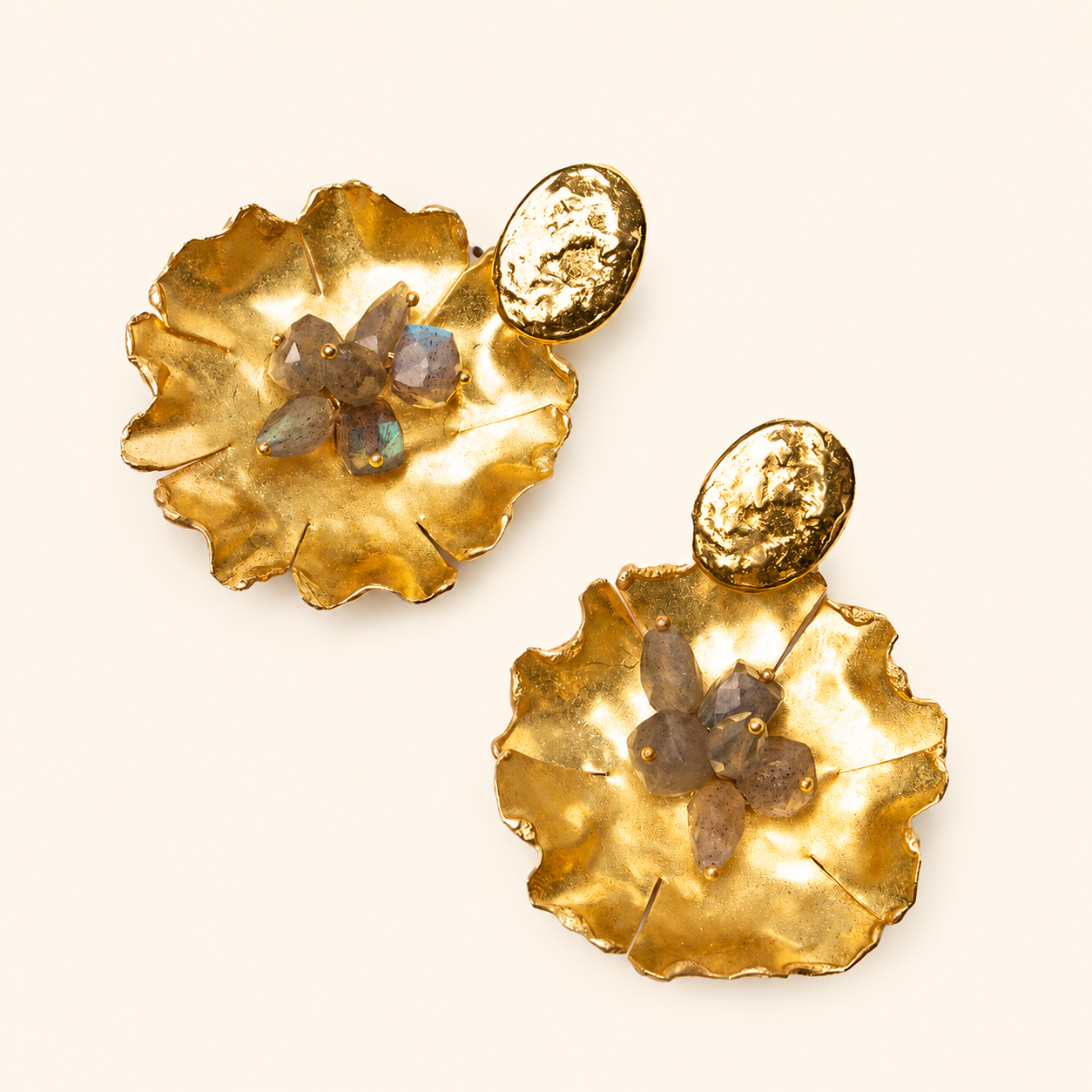 Brass Pepita Earrings with Flower and Labradorites
